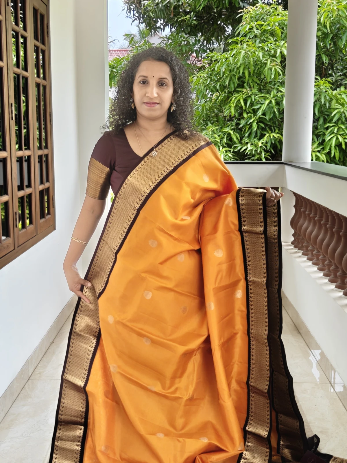 Pure Kanchipuram Silk Saree Mustard Yellow and Coffee Brown Silk Mark Certified
